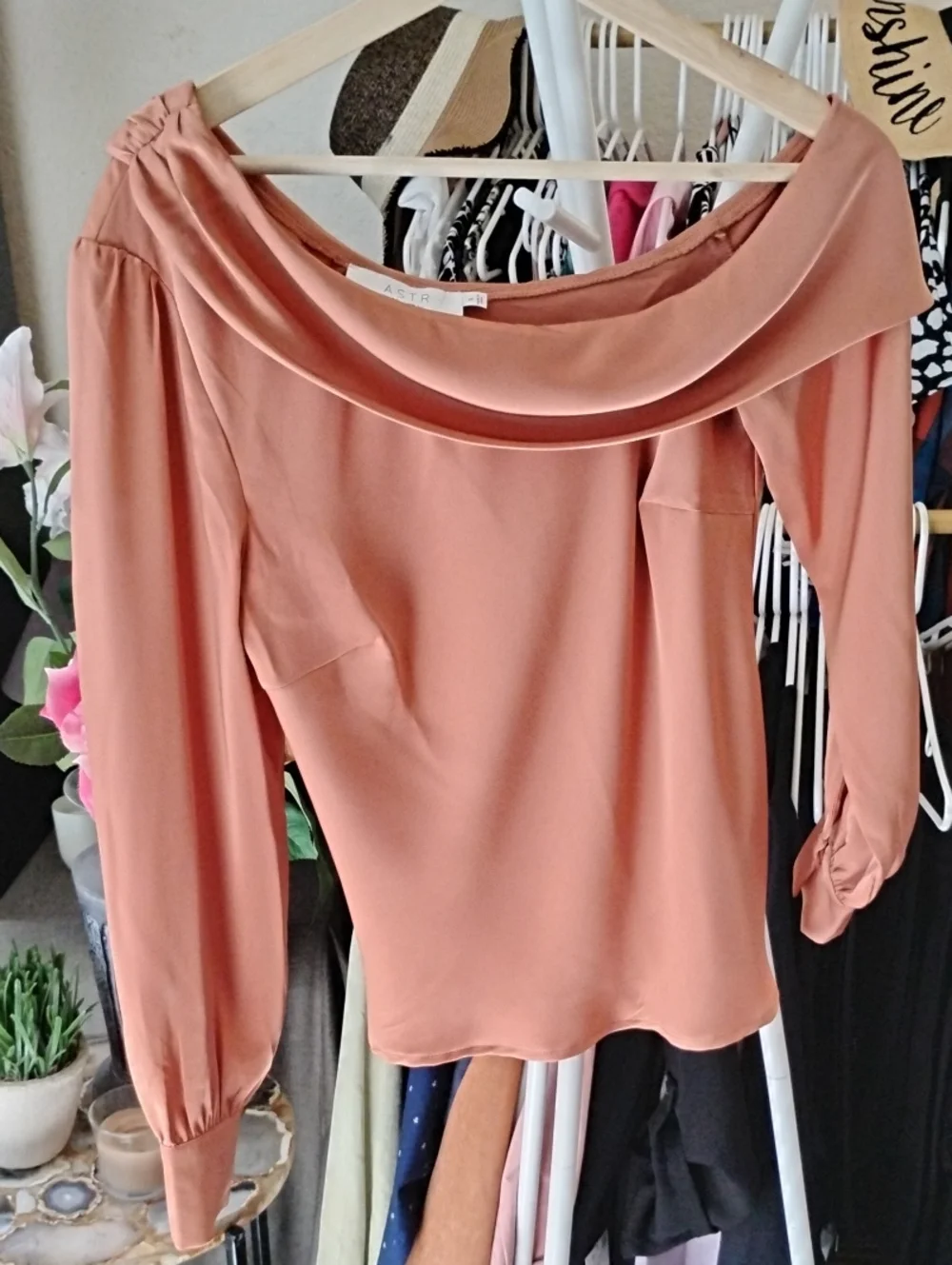 Astr Off-Shoulder Satin Blouse in Rust Copper